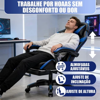 Cadeira ergonômica giratória para jogos de computador, couro, com encosto e apoio para os pés