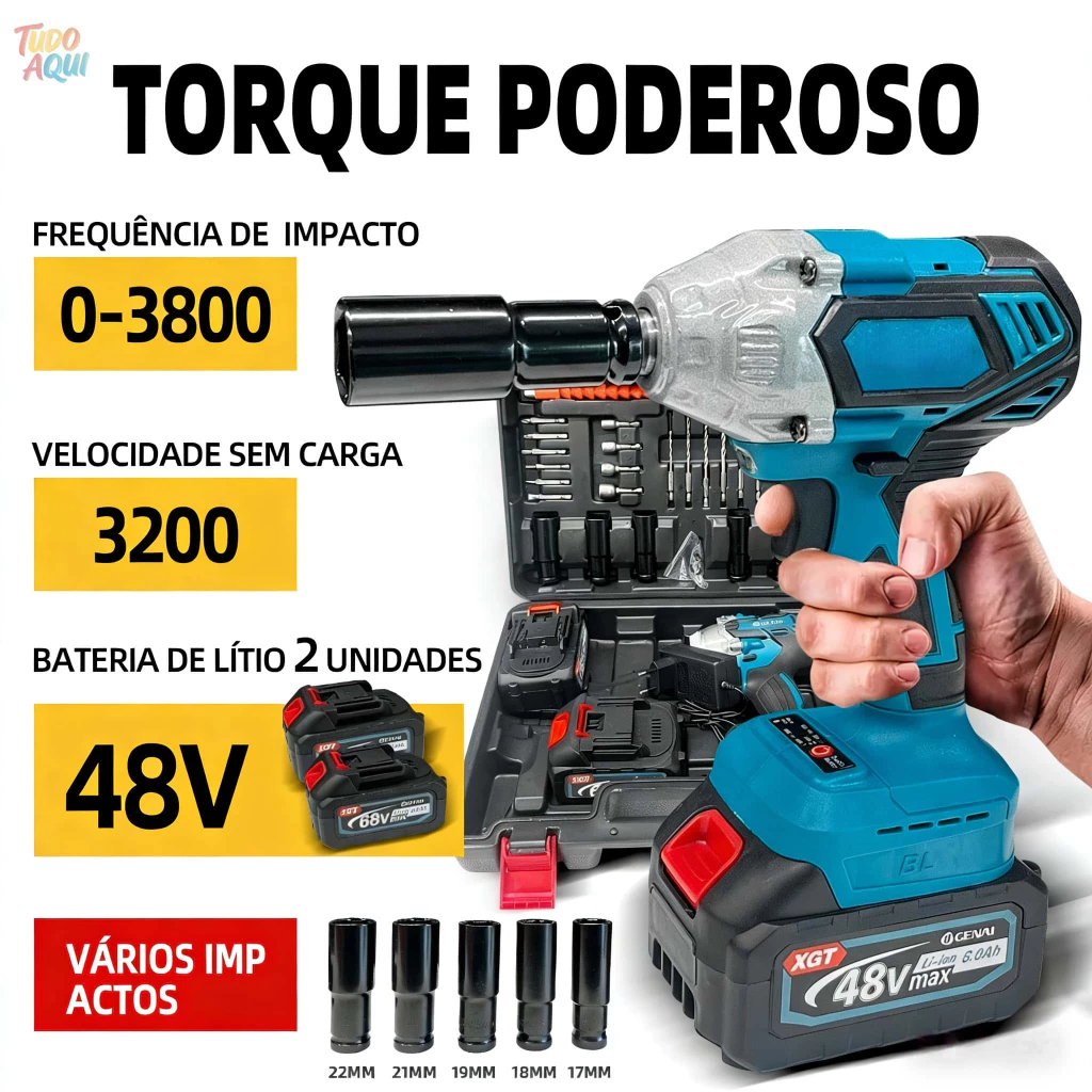 Chave De Impacto Parafusadeira Furadeira 02 Baterias 48v TUDO_AQUI.br