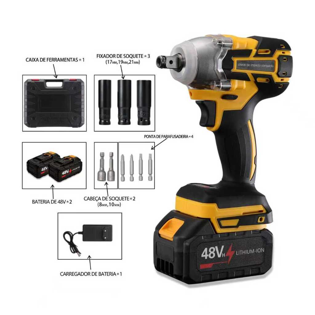 Chave De Impacto Sem Fio 48V,Conjunto Completo 3 Em 1, Inclui Duas