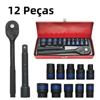 Kit Chave Catraca SOCKET SET 1/2" 12 Peças fosfatização Resistente a Corrosão Alto Torque para Reparo Automotivo