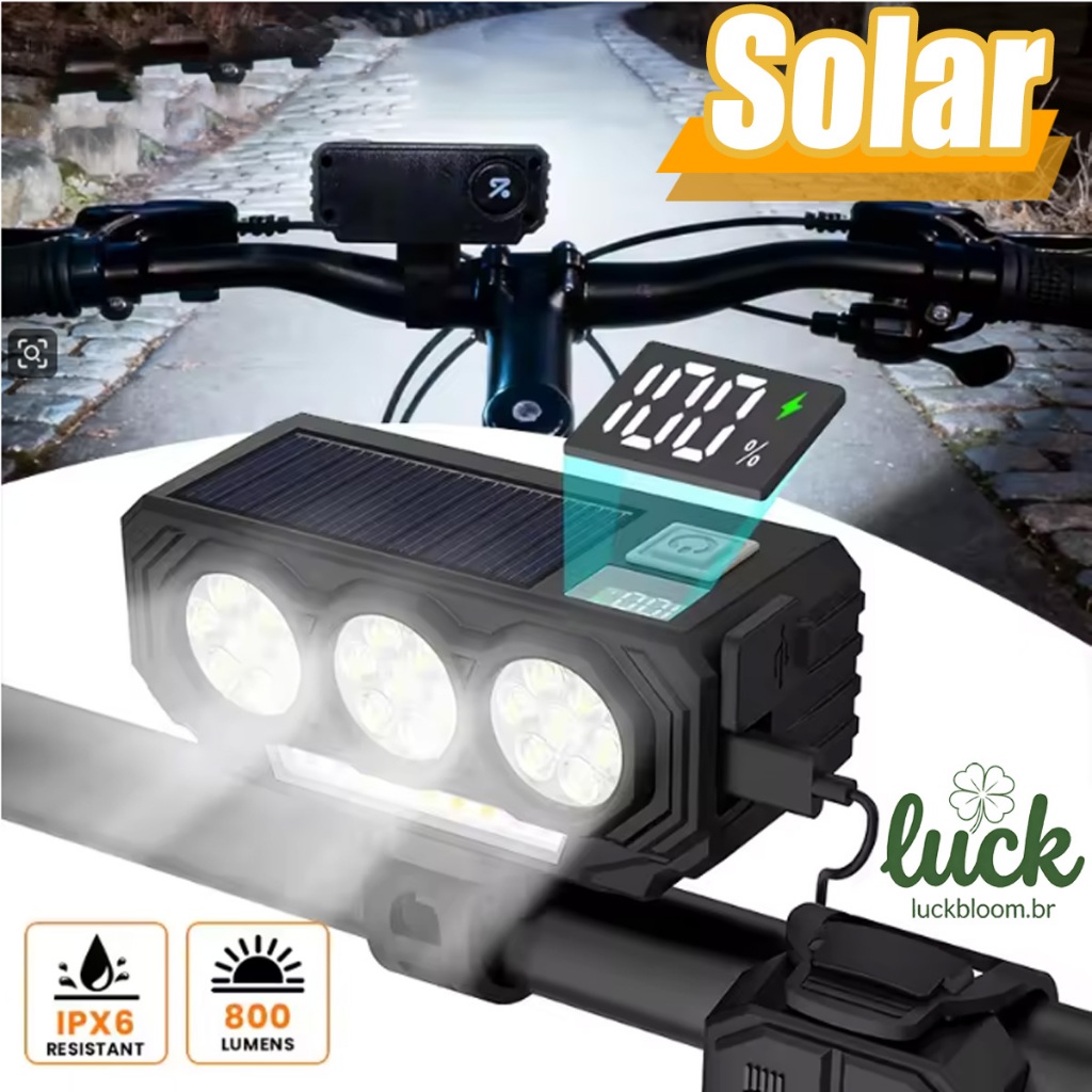 Kit Lanterna e Farol Bicicleta Bike Luz Ultra Led a Prova D'água Luzes de Bicicleta 800LM com Carregamento Solar