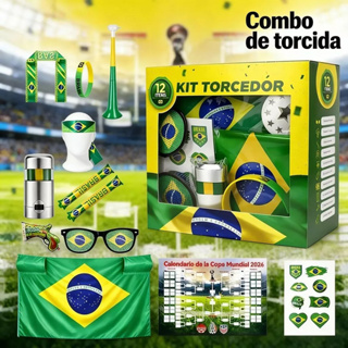 Kit Torcedor Brasil Copa do Mundo 2026 – Combo Completo com 12 Peças: Bandeira, Adesivo, Trompete e Pintura Facial