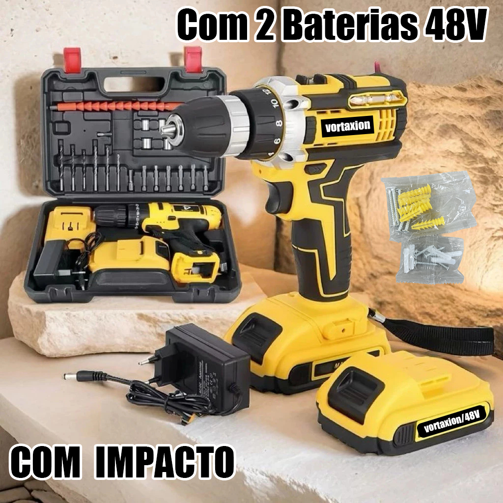 Kit Parafusadeira Furadeira de Impacto 48v 2 Baterias Com Maleta e Acessórios Completo
