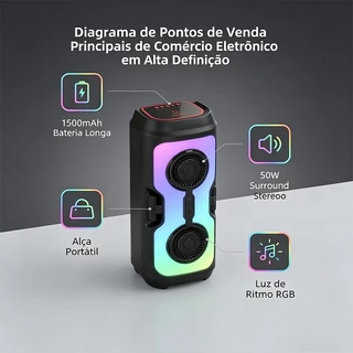 Caixa de som Bluetooth Portátil Com Led RGB Portátil FM USB TWS 50W Para Praia, Festa ou Viagem 1500mah Potente