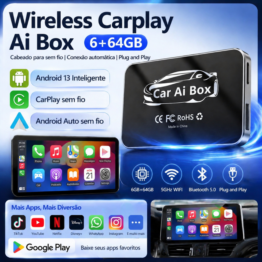 6+64GB CarPlay AI Box Adaptador CarPlay sem fio CarPlay Sem Fio