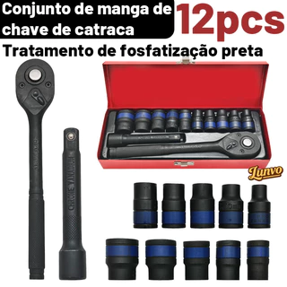 Kit Chave Catraca SOCKET SET 1/2" 12 Peças fosfatização Resistente a Corrosão Alto Torque para Reparo Automotivo