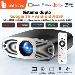 Projetor Bettdow 4K 25000 Lumens Full HD 1080p Compatível Com Android 9.0 Original Netflix + Google TV, 850 ANSI