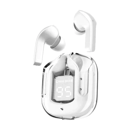 Fones de ouvido Bluetooth brancos flutuando acima de seu estojo de carregamento transparente em perspectiva diagonal.