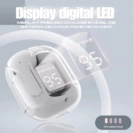Detalhe em ângulo do estojo de recarga branco com destaque gráfico sobreposto do display digital LED indicando 95% de bateria.