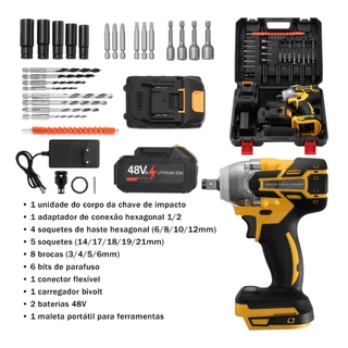 Chave De Impacto motor sem escovas, kit 3-em-1 48V, 800Nm, multifuncional com acessórios completos