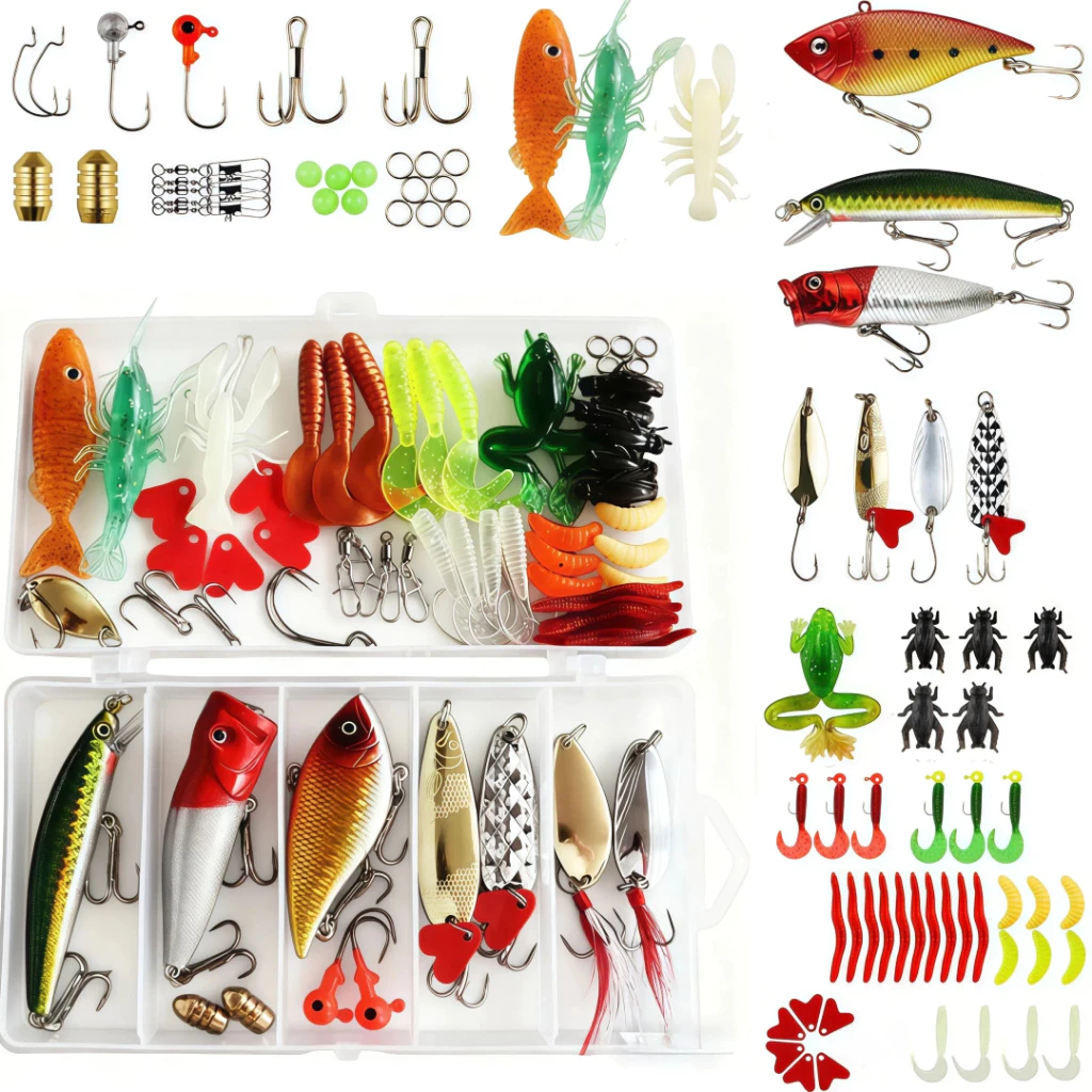 Kit 107 Iscas Artificiais Meia Água com Anzol Duplo Iscas Realistas para Pesca de Truta e Peixes para Pesca Marítima