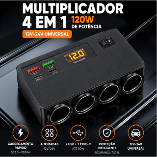 4 Em 1 Adaptador De Carregador De Carro 12V/24V 120W 4 Soquete Divisor De Isqueiro Duplo USB