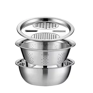 Kit 3 Em 1 Ralador 4 Laminas, Escorredor para Macarrão, Tigela 24cm / 26cm Inox Aço Inoxidável