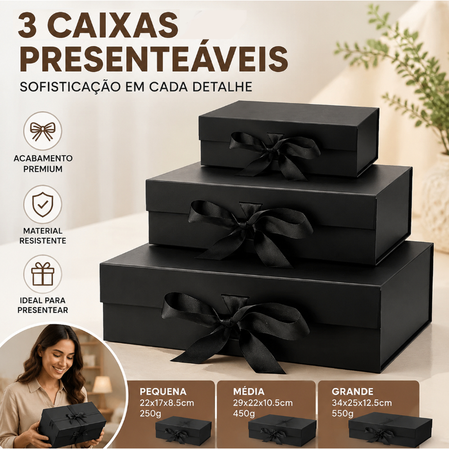 Caixa Para Presente Namorado Preta Dobrável Dia dos Namorados 33X25X12 CM Laço