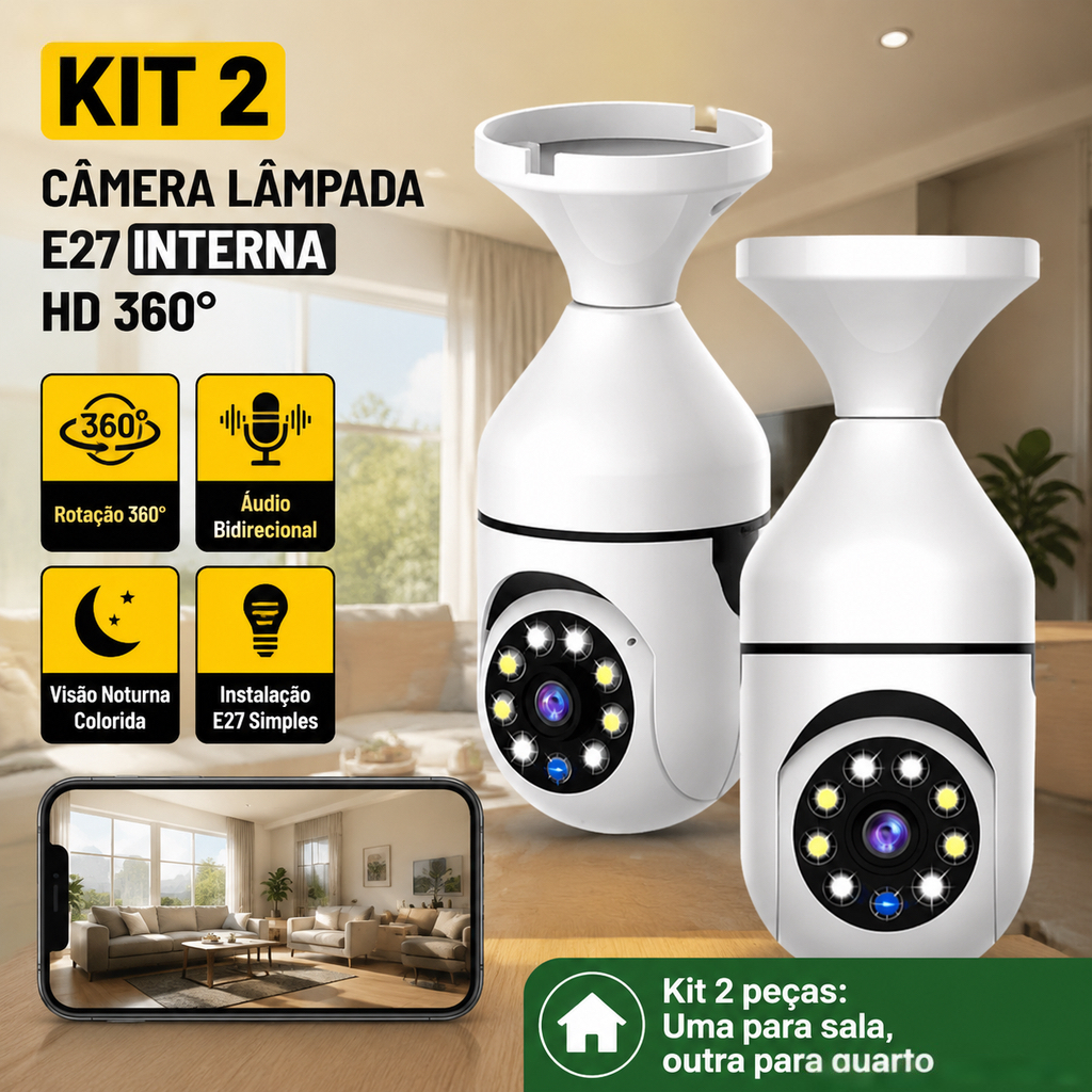 Lâmpada Câmera 360° WiFi E27 Full HD 1080P, Vigilância Inteligente para ...