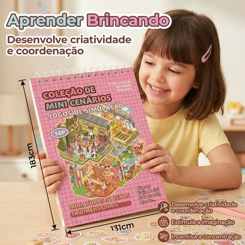 Caderno com Adesivos 3D Livro Cenários Kawaii DIY Scrapbooking Paisagismo Fofo