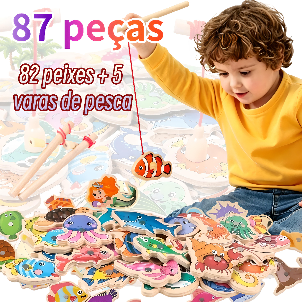 87 Peças Brinquedos Magnéticos De Pesca De Madeira - Jogos Educacionais