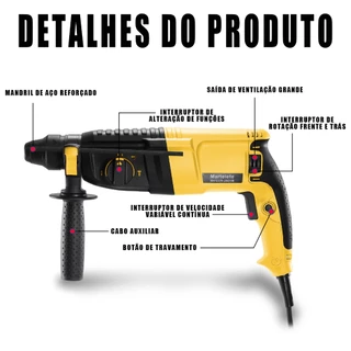 Martelete Rompedor Perfurador Potente Industrial Com Kit Completo de Acessórios- Modelo Tipo 20 (800W) e Tipo 26 (1300W)