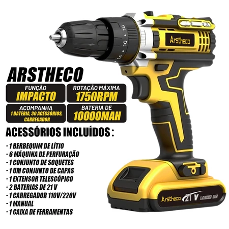 Parafusadeira Furadeira be Impacto Kit Maleta com duas baterias 12 21V 220V 110V 3 8 