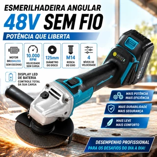 Esmerilhadeira Angular Sem Fio Brushless 48V Litio 2 Baterias 4 OU 3 Velocidades com LED