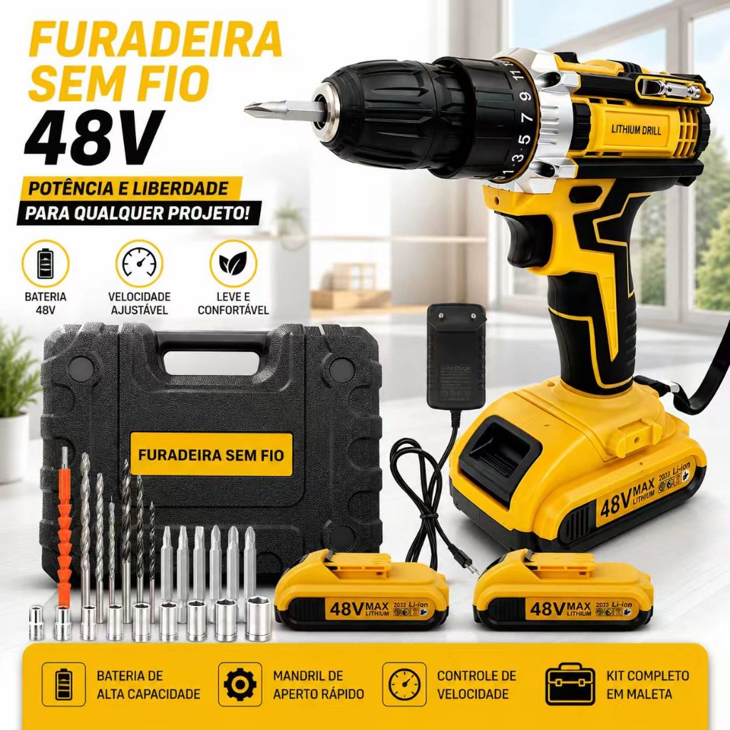 Parafusadeira Furadeira 48V Sem Fio com 2 OU 1 Bateria, Acessórios Completos e Maleta de Transporte OU caixa de papelão
