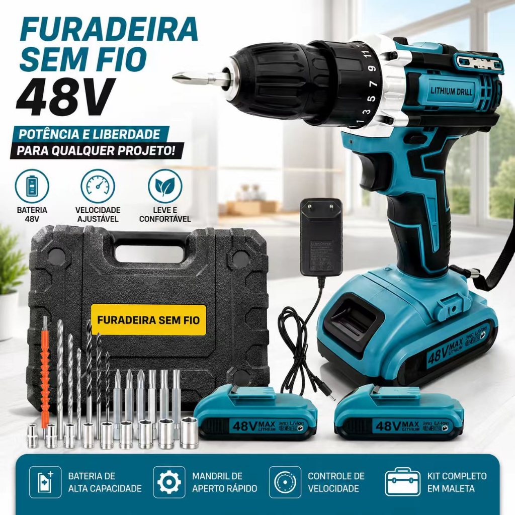 Parafusadeira Furadeira 48V Baterias Duplas Multifuncional Uso Doméstico Com Acessórios Completos