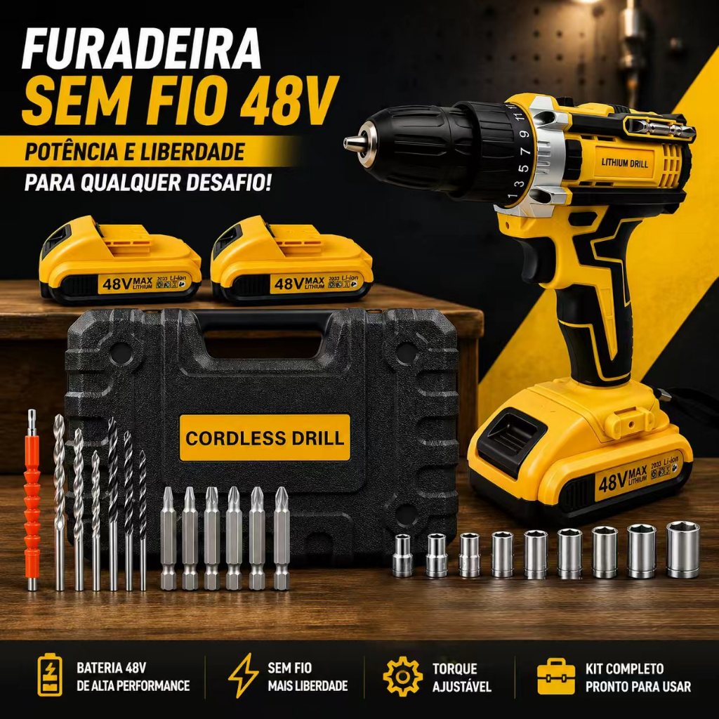 Parafusadeira Furadeira Sem Fio 48V - Bivolt, 2 OU 1 Bateria, Kit Completo, Maleta de Transporte OU caixa de papelão