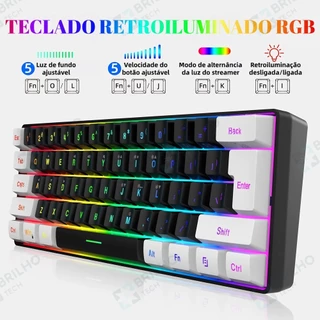 Teclado para jogos com fio 61-Key RGB Backlight Mini Compact USB-C Cabo de alimentação plugável-BR