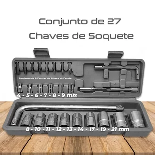 Kit Jogo Ferramentas Soquete 27 Peças Cromo Vanádio Revestimento Titanium Completo