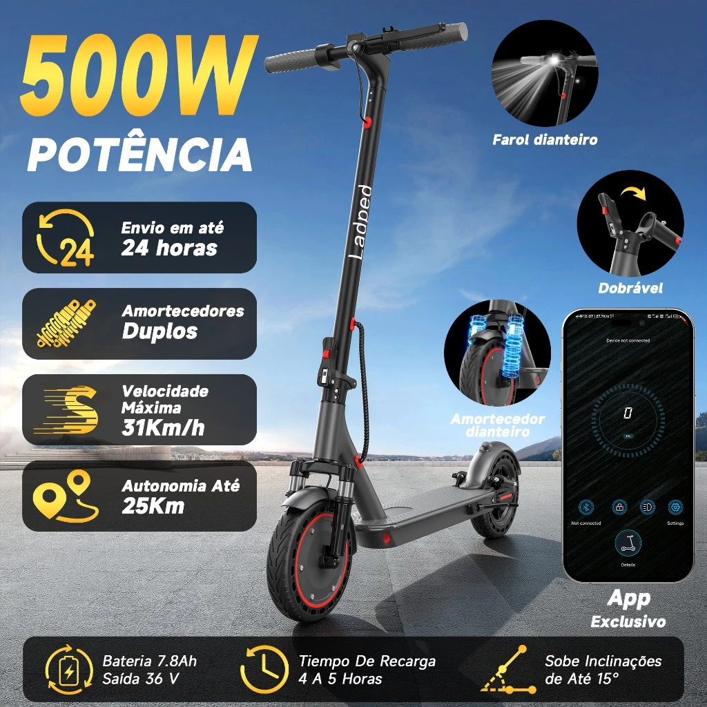 Patinete Elétrico Com Amortecedor E App Gps Bateria Recarregável