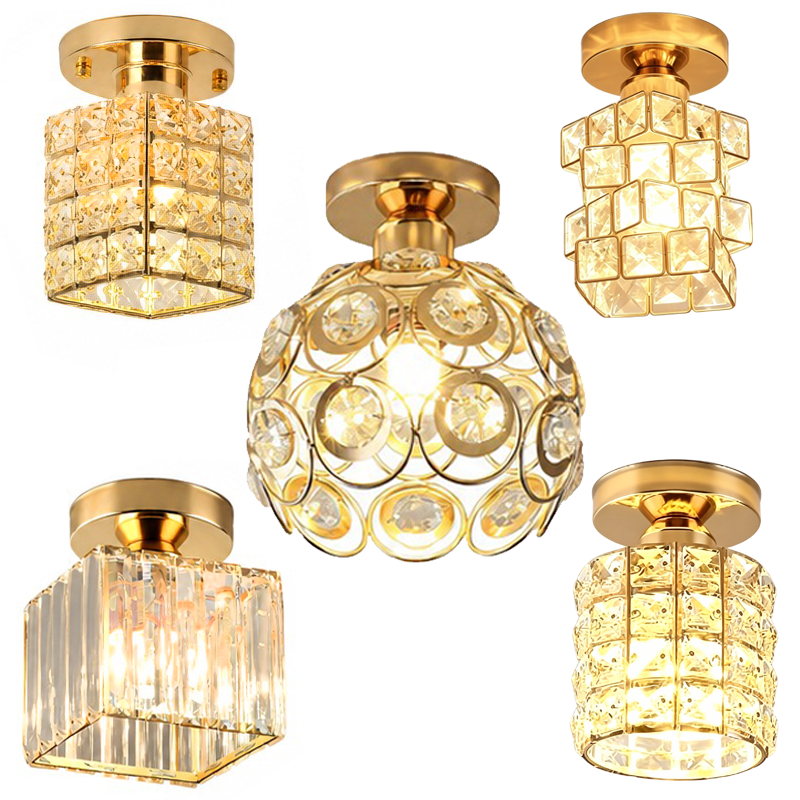 Luminária de Teto de Cristal Dourado Estilo Luxo Discreto Ideal para Hall de Entrada, Corredor e Varanda E27 Bivolt
