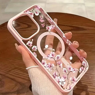 Capa Magnética Floral Fosca Transparente Elegante Rosa Cereja Compatível Com IPhone 17 16 15 14 13 12 11 Pro Max Air Plu