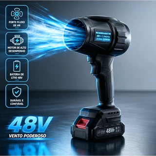 Soprador Turbo Portátil Recarregável 48V Preto, Conjunto Completo com Bateria Dupla e Caixa de Papelão