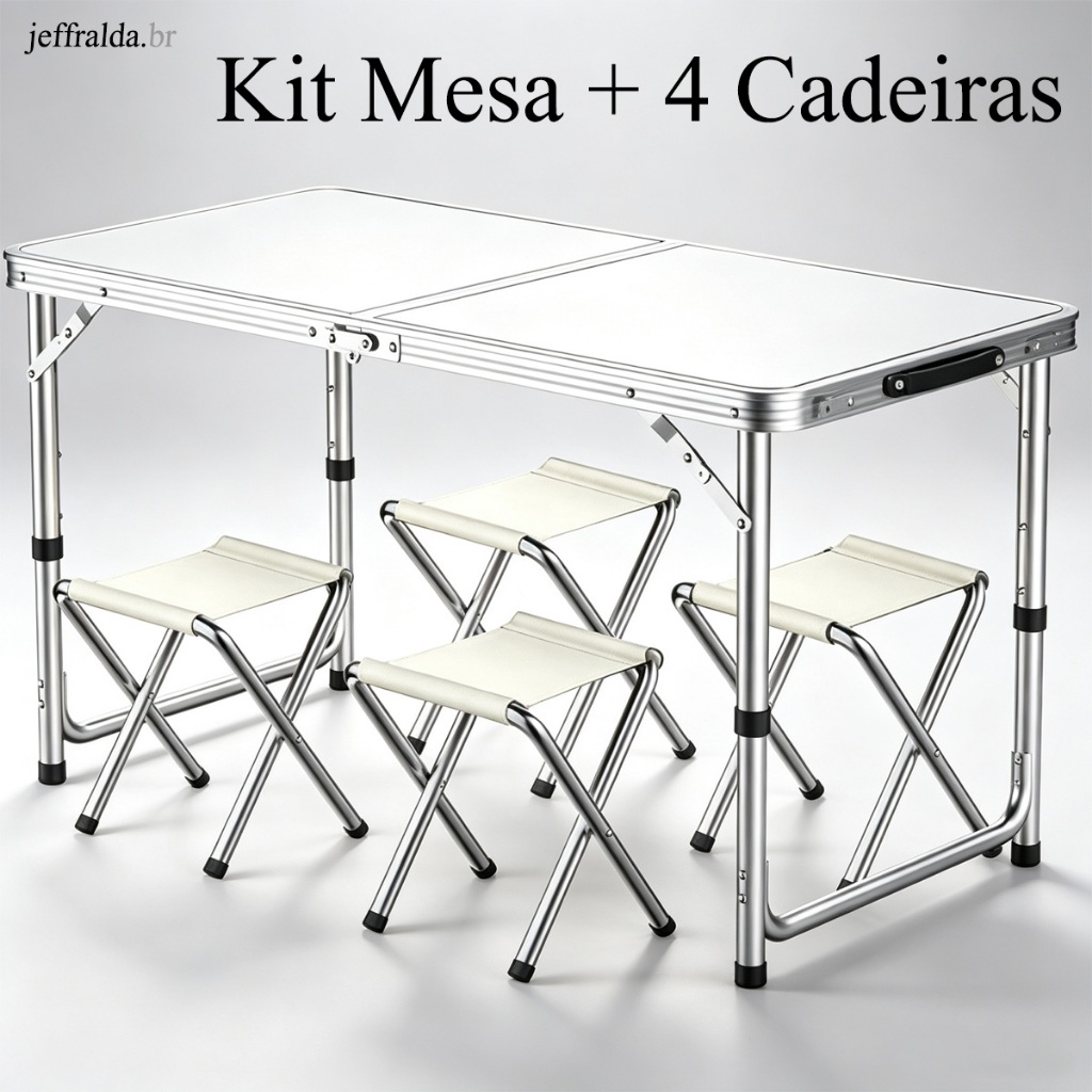 Mesa Dobrável Maleta Alumínio 120*60cm E 4 Banqueta Portátil mall inline badgeMesa 1,20m Vira Com Alça Resistente Oferta