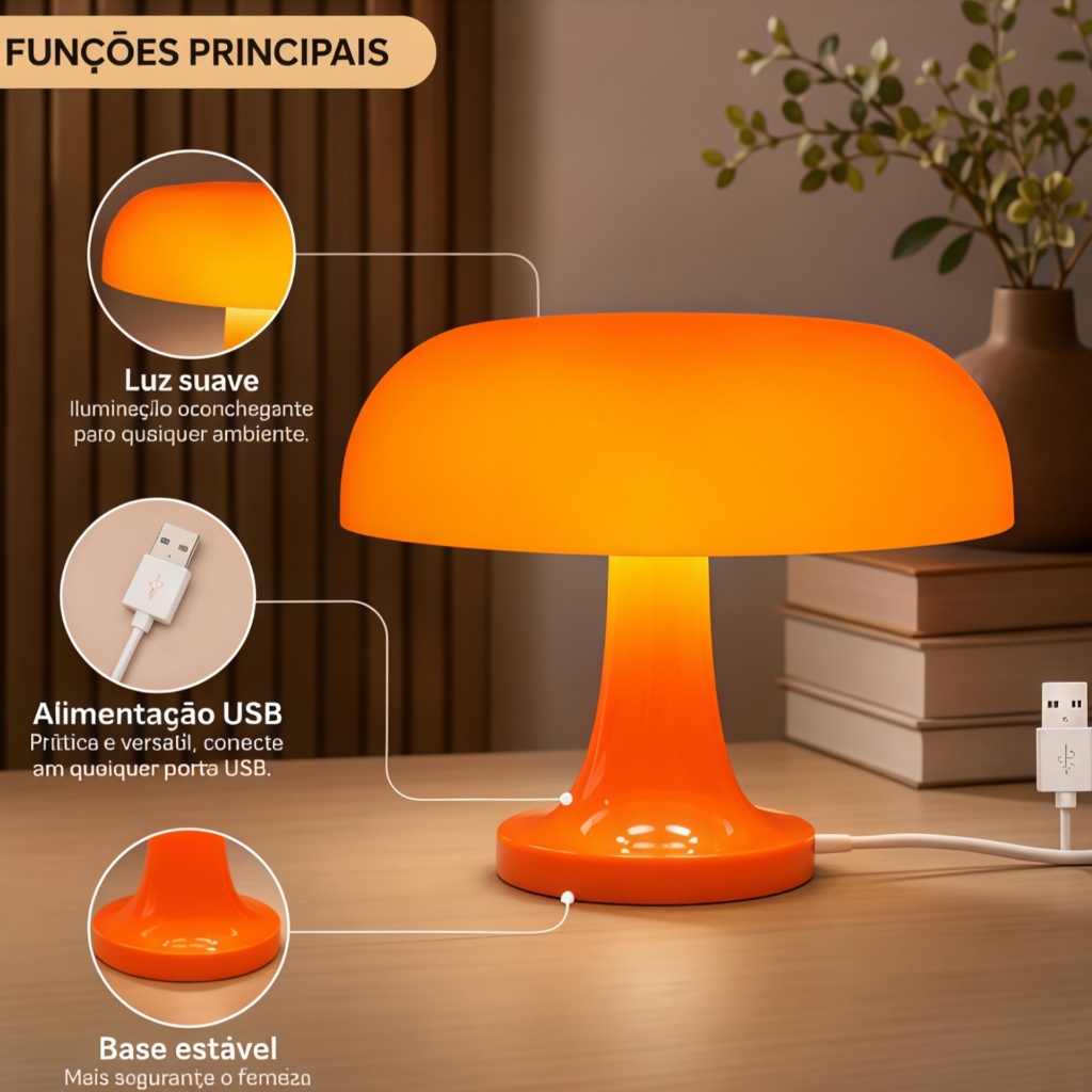 Abajur de Led Cogumelo Luminária Retrô USB para Estudo Quarto Sala Decoração Vintage