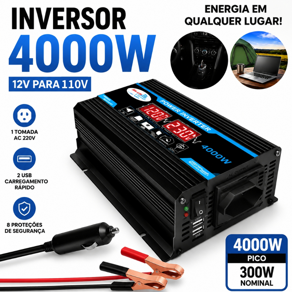 Inversor Solar Digital Para Carro De 4000 W Com USB , 12 V-110 , Uso Em Veículos E Residências