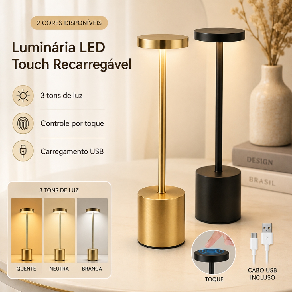 Luminária de Mesa Candeiro Dumbbell Touch de Quarto Luxuosa 3 Tons de Led