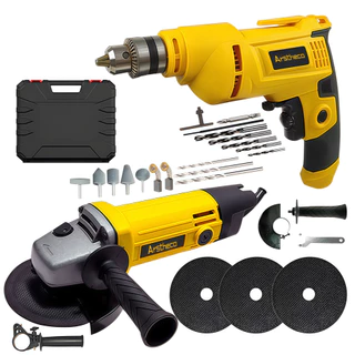 【110/220V】Kit Furadeira de Impacto 115mm e Esmerilhadeira Angular 900W e caixa plástica Com Acessórios