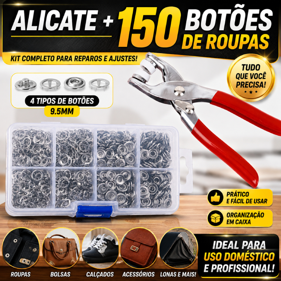 Alicate Aplicador com 150 Botões de Pressão de Metal, Kit Completo para Roupas, Costura e Artesanato