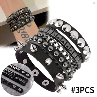 Kit 3 Pulseiras de Couro Punk Rock Gótica com Spikes Rebites Unissex Ajustável