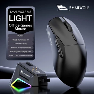 Mouse Para Jogos Tri-Modo Série SMAILWOLF M3, Sensor S205, 12000 DPI, 1000 Hz, 65g Leve, 2.4 G/Bluetooth/Com Fio