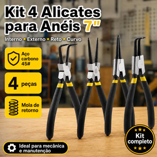 Kit 4 Alicates para Anéis Elásticos 7 Pol Interno Externo Reto Curvo Aço Carbono