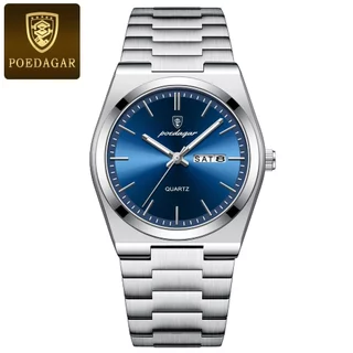 POEDAGAR 930 Men's Luxury Quartz Stainless Steel Week Luminous Waterproof Casual Wristwatches + Box