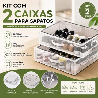 Kit 2 Caixa Organizadora de Sapatos Dobrável Transparente PVC Economiza Espaço