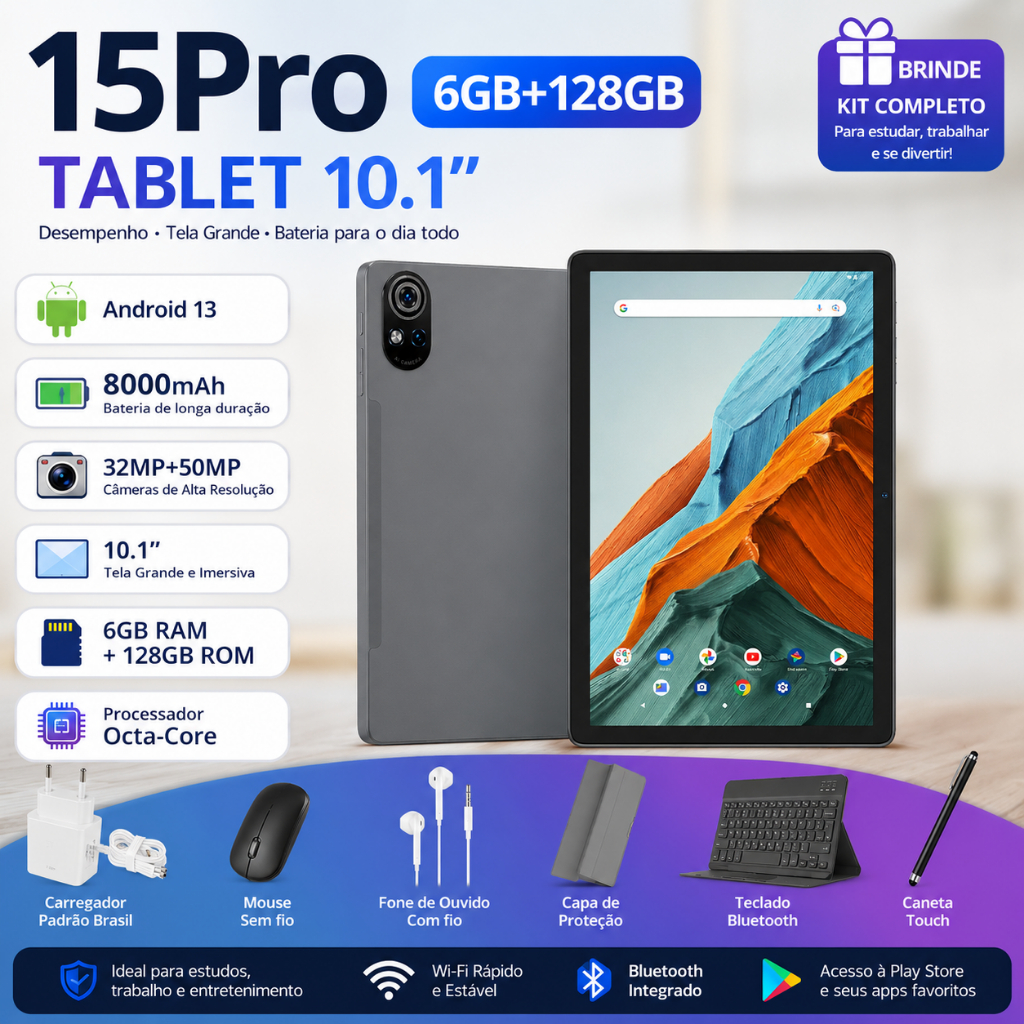 Tablet 15 PRO Android 13 8000mah Wifi com chip 10.1 , Teclado+