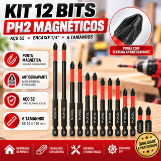 Kit 12 Bits PH2 Magnéticos Aço S2 1/4 para Parafusadeira e Furadeira 6 Tamanhos