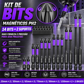 16 Pcs Chaves Bit PH2 Magnética Chave De Fenda Broca Auto Impacto Antiderrapante