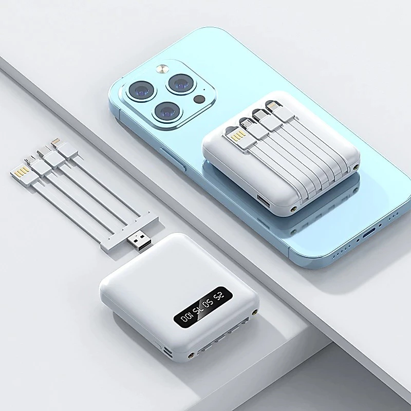MINI Power bank Carregador Portátil 10000mah com 4 cables de carga rápida Banco de energía digital LED