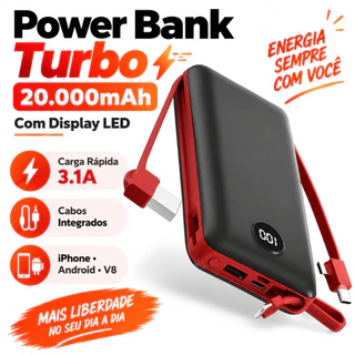 Power Bank Carregador Portátil 20.000mAh Digital compatível com iPhone e Samsung
