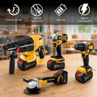 Kit 4 em 1 Ferramentas Elétricas Sem Escova, Furadeira Martelete Esmerilhadeira Chave Impacto, Com 2 ou 4 Baterias